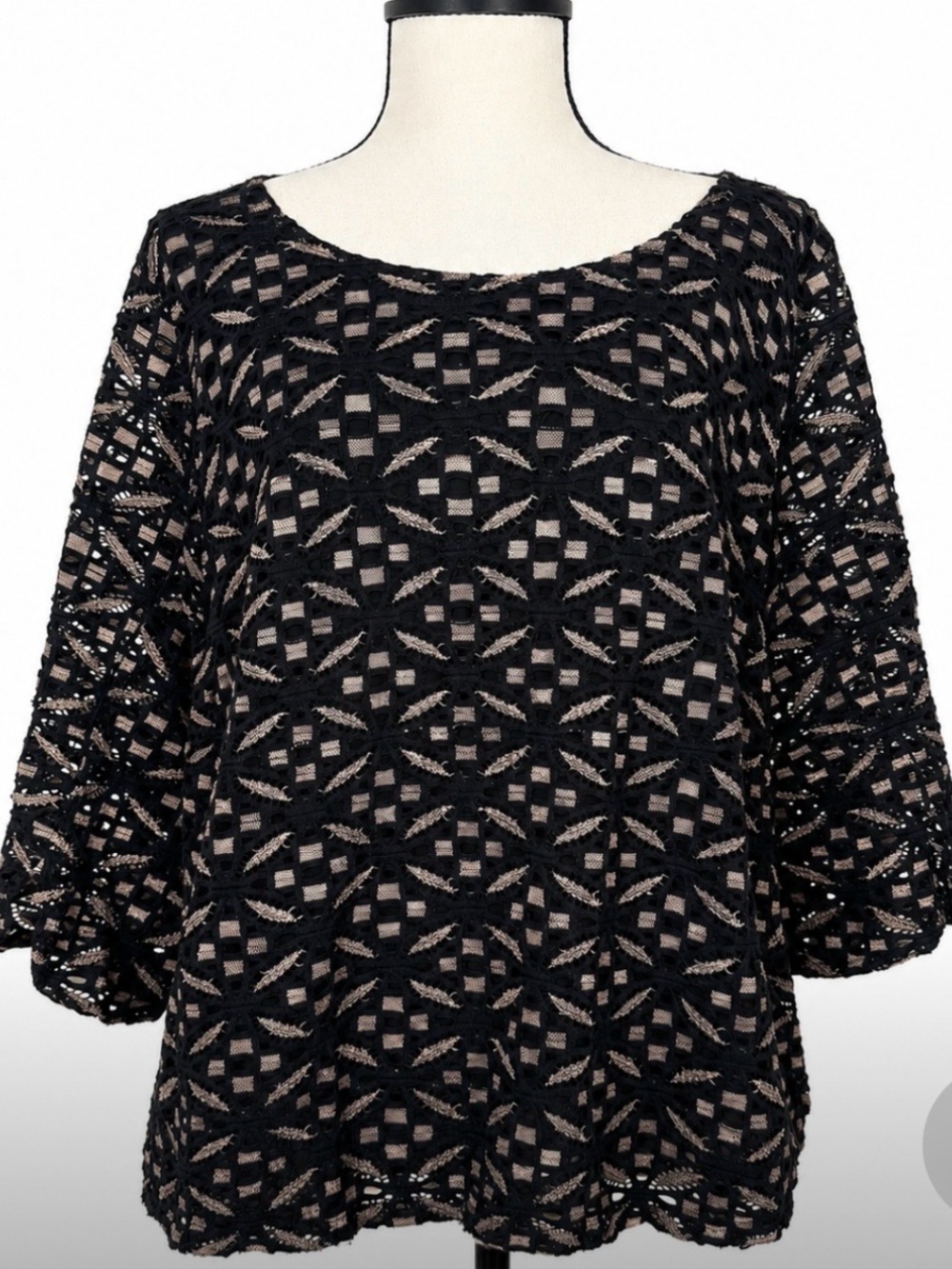 Black Lace Crochet Overlay Tunic Top XL Boho Chic Sheer Stretch Blouse Soft Goth